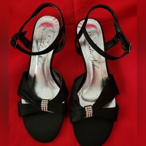 Romantic Soles Black Satin Kitten Heeled Special Occasion Sandal With Rhinestone
